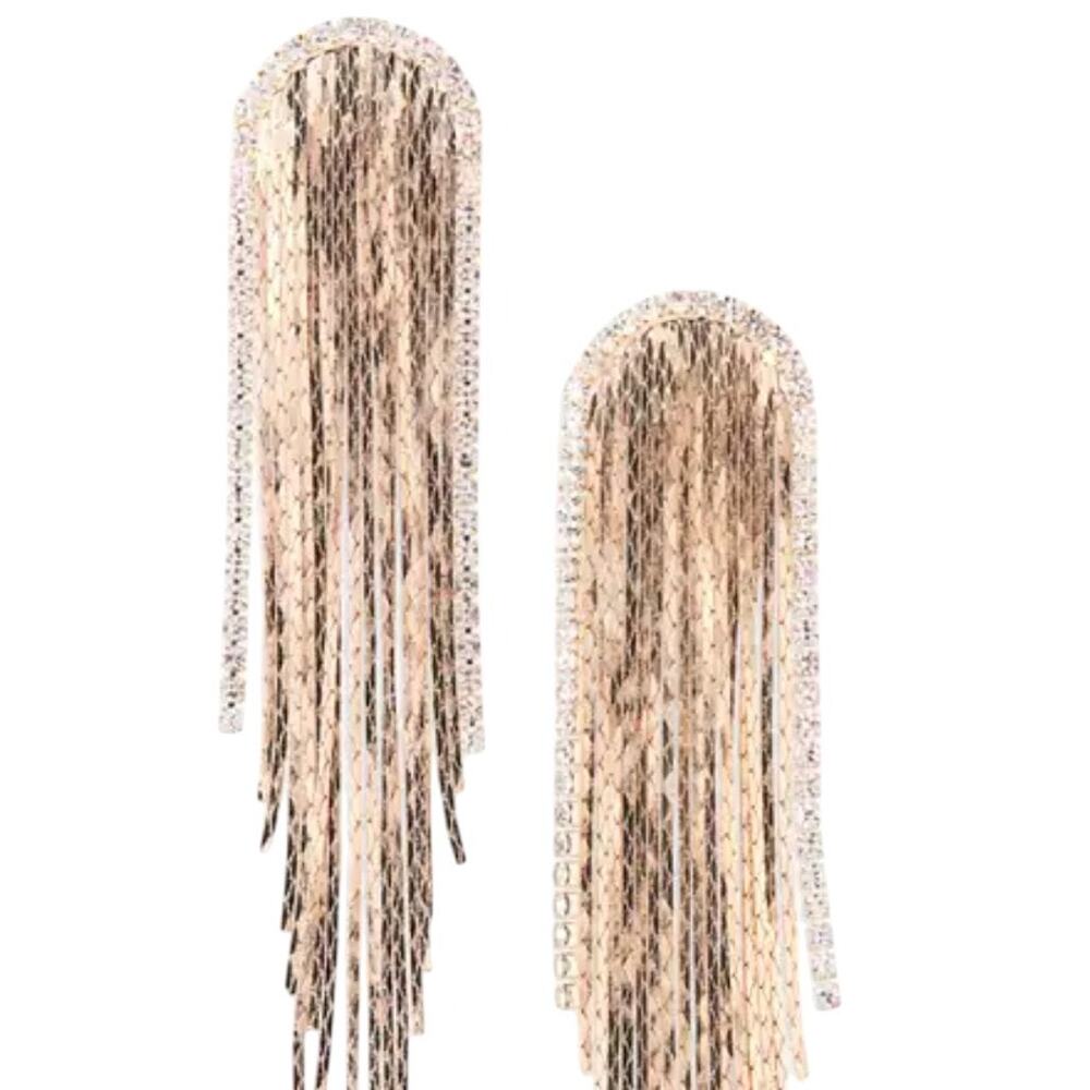 Tasha Snake Chain Fringe Drop Earrings Gold Metallic Waterfall NWT - Picture 2 of 2